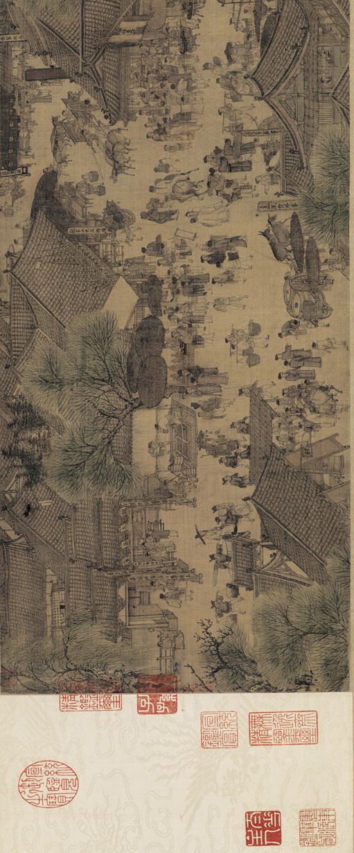 下为明代仇英本《清明上河图》,仇英本较之原作内容更复杂,长度也更长