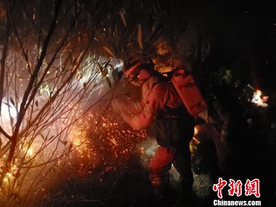 森林消防员全力扑灭火场明火。　潘东 摄