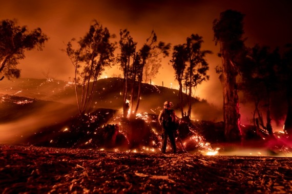 11月1日，在美国加利福尼亚州文图拉县的锡米瓦利，一名消防员在火场灭火。 新华社 图