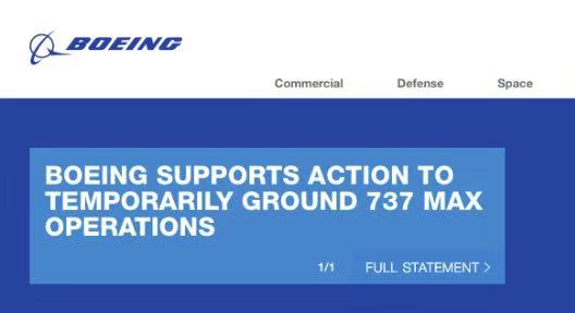 波音公司发布声明称，支持暂时停止737MAX飞机的运行