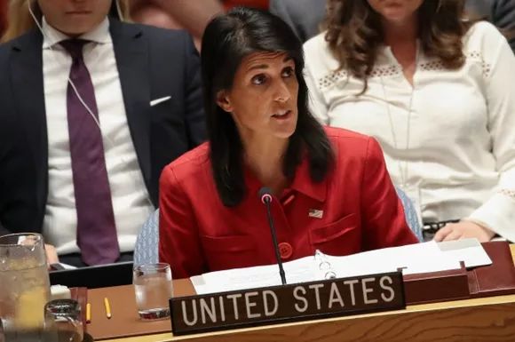 2018年6月19日，美国宣布退出联合国人权理事会，图为美国常驻联合国代表妮基·黑莉（@路透社）