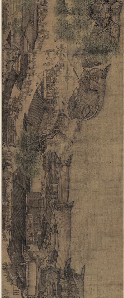 下为明代仇英本《清明上河图》,仇英本较之原作内容更复杂,长度也更长