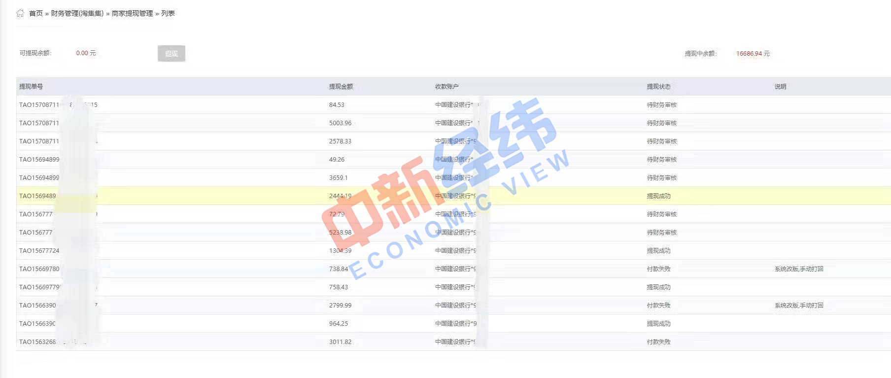  淘集集商家之前的提现页面 受访人供图