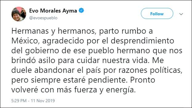  莫拉莱斯将前往墨西哥寻求政治庇护 图：Twitter截图