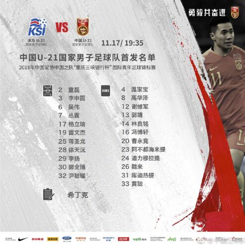 中国国奥vs冰岛U21首发:杨立瑜领衔 林良铭替