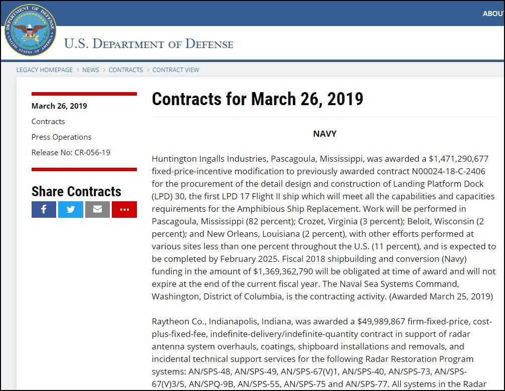 2019年3月26日，美国国防部合同（图源：美国国防部）