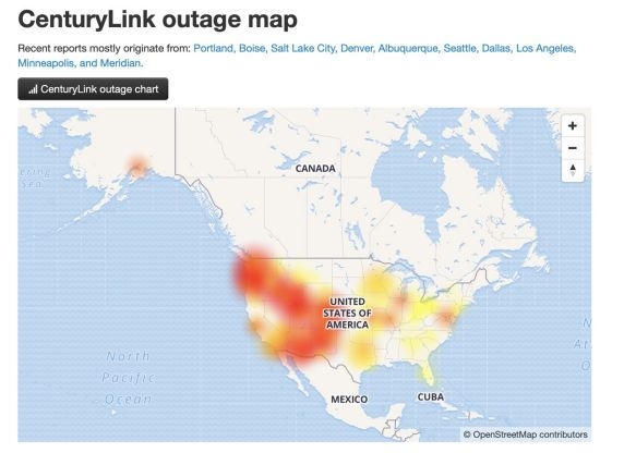 此次断网受到影响的地区（图片来源：CenturyLink官网）