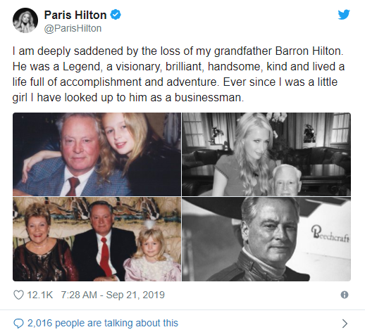 帕丽斯·希尔顿的发文向祖父致敬。（图源：福克斯新闻网）