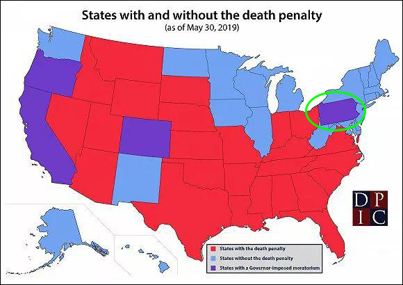 宾夕法尼亚州（绿圈）2015年加入加州、俄勒冈、科罗拉多（紫色）等州，暂停执行死刑 图源：DPIC