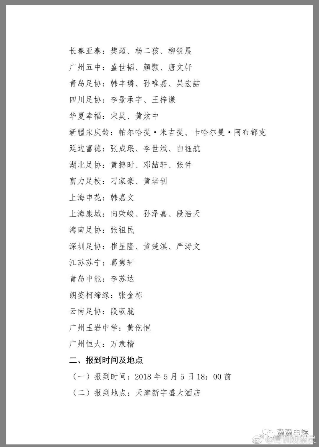 上海绿地申花多名梯队球员入选各级别U字号国