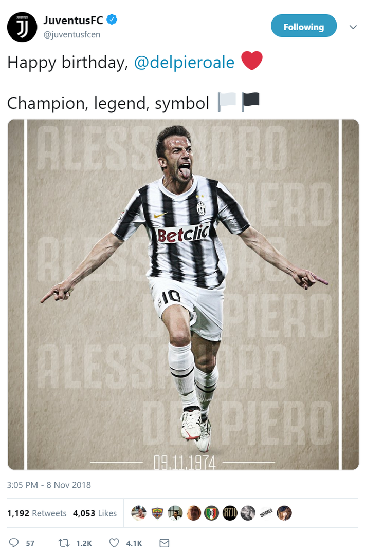 皮耶罗44岁生日快乐!尤文官推送祝贺