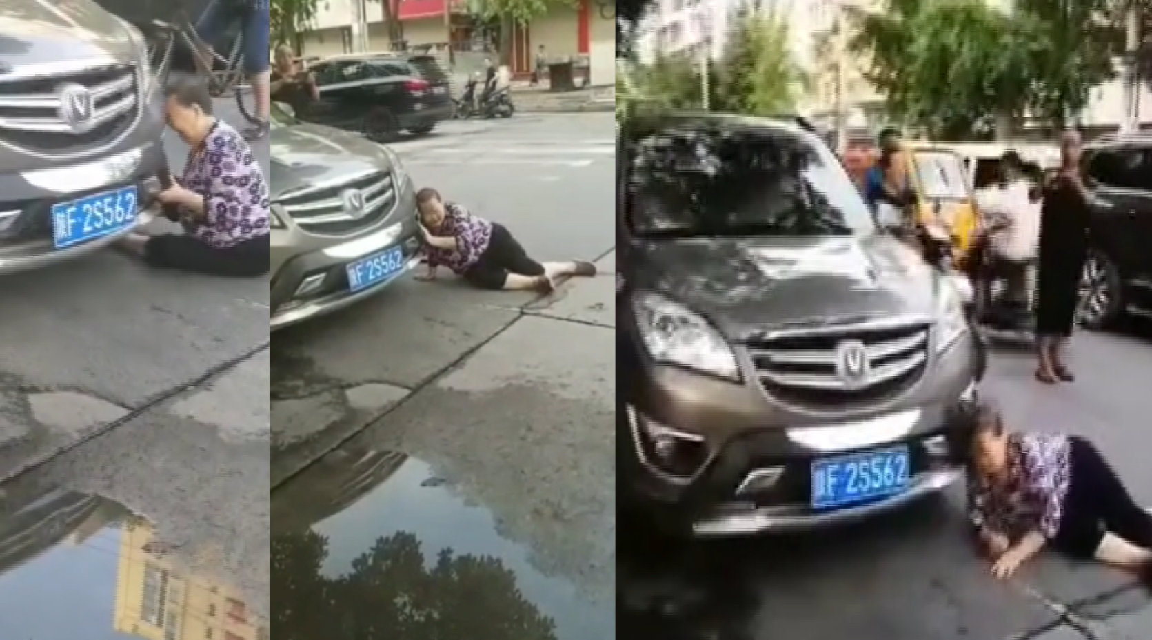 陕西老太“自残式”碰瓷，坐地用头猛撞小车保险杠