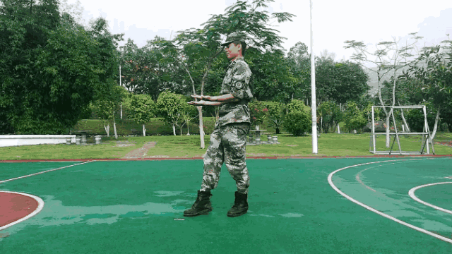 右脚落地成弓步,同时右臂置于左胸前,两手合力将右肘向前推顶,右大小
