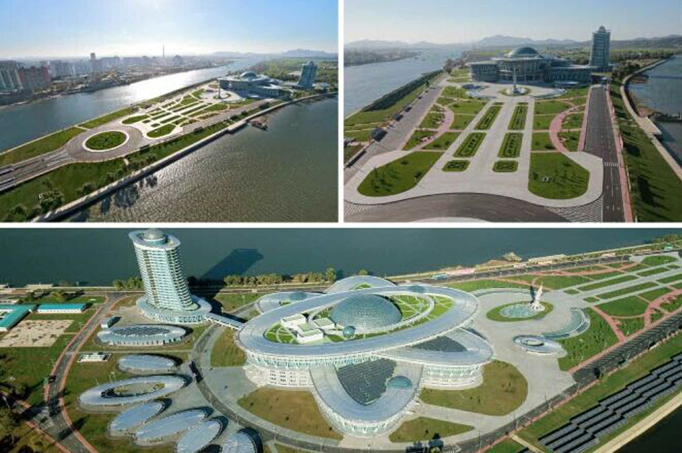 新建成的科学技术殿堂位于平壤大同江上(网页截图)新建成的科学技术