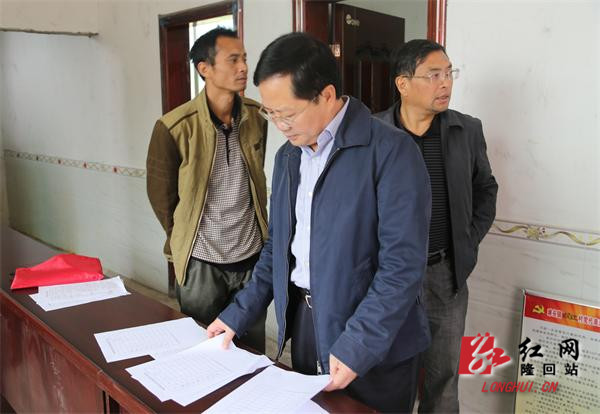 隆回县委副书记,县长马健强翻阅双江村党组织工作情况资料.