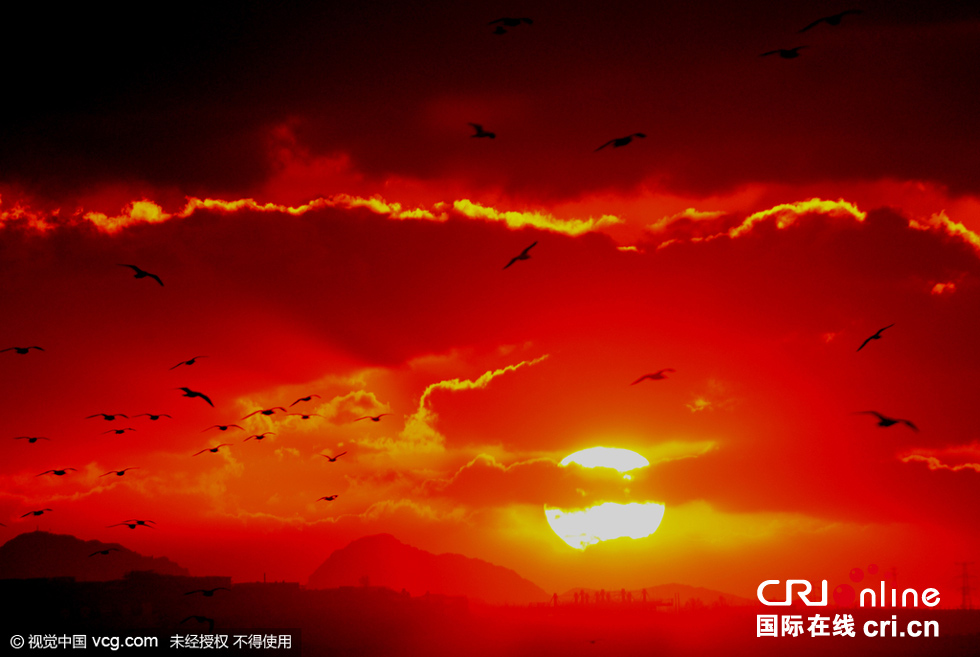 大连市甘井子区拉树房附近的天空出现火烧云,红彤彤的火烧云燃遍了半