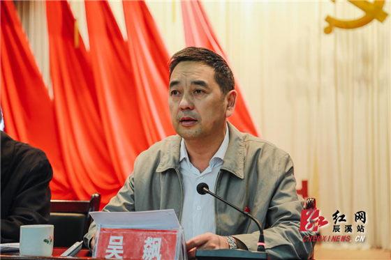 湖南省怀化市人大常委会副主任,辰溪县委书记杨一中作讲话会议现场