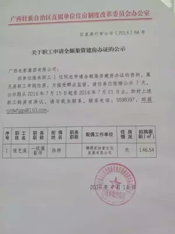 张艺谋以无房户身份申请集资房?广西电影集团回应:申购正当