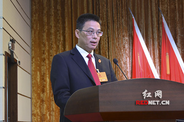 天心区法院党组书记,院长谭剑辉作《法院工作报告》.