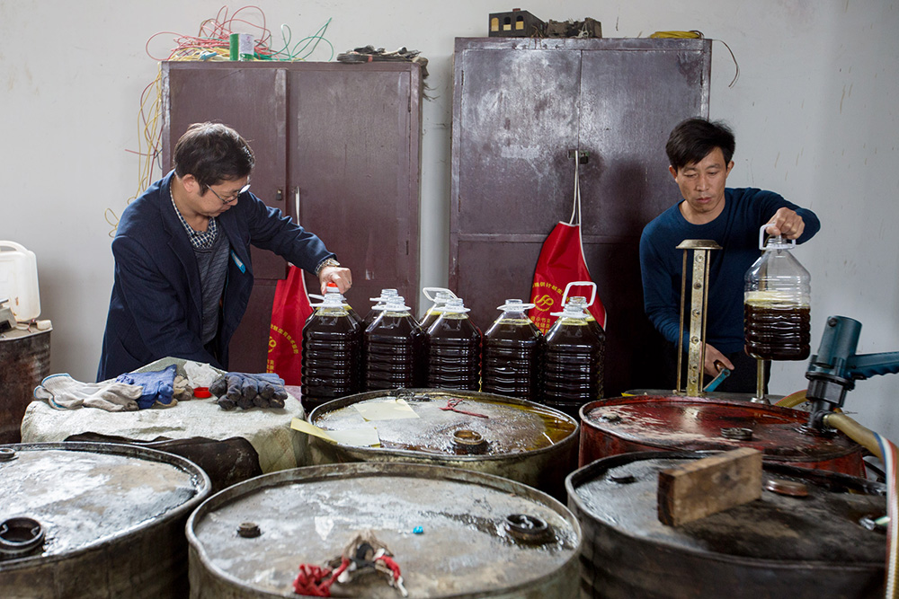 老邬在他的初中同学开的油坊里,灌装压榨好的菜籽油.