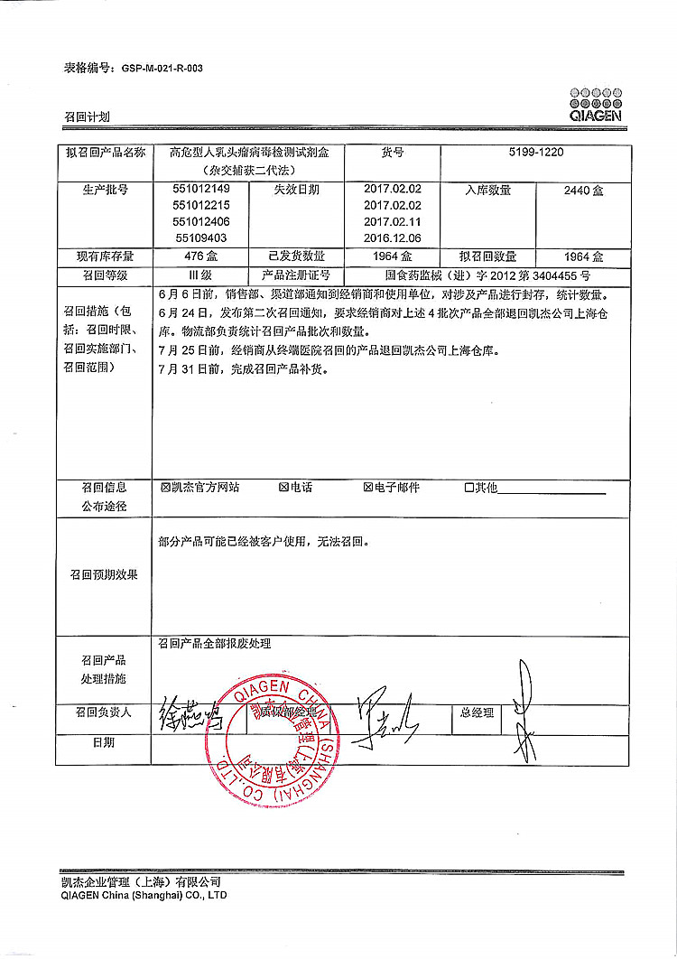 凯杰企业管理上海有限公司对高危型人乳头瘤病毒检测试剂盒主动召回