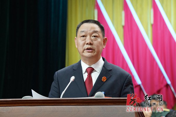 刘力量受株洲市十四届人大常委会委托,向大会作工作报告.