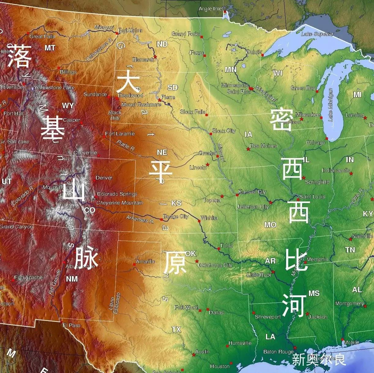 这片新增国土西至落基山脉▼(图中左半部分的浅蓝色区域为新增国土
