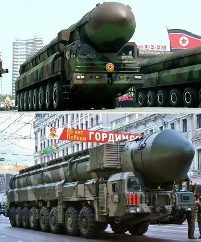 2010朝鲜阅兵 上图为朝鲜阅兵所展示重型导弹,下图为俄罗斯“白杨”洲际导弹