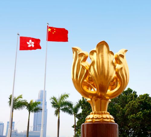 金碧辉煌的紫荆花永远盛开,寓意着香港永远繁荣昌盛.