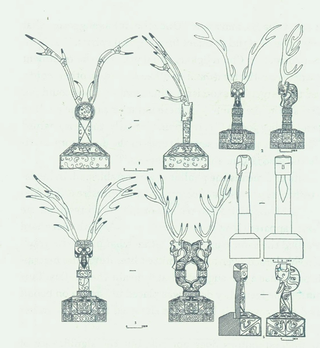 湖北江陵雨台山战国楚墓出土的各种"镇墓兽"类型图.