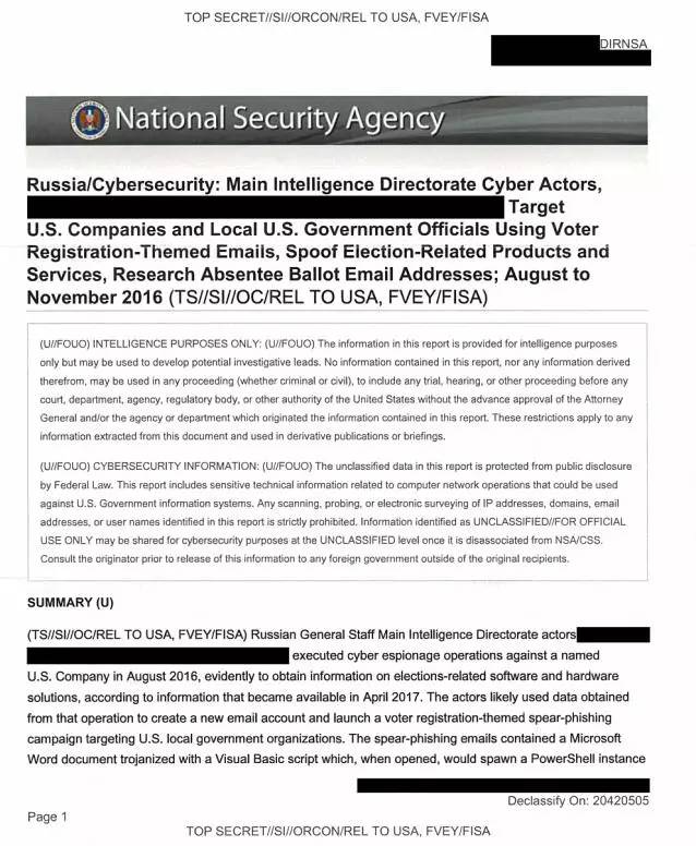 intercept公布了一份据称是美国国家安全局(nsa)的绝密文件,称俄罗斯