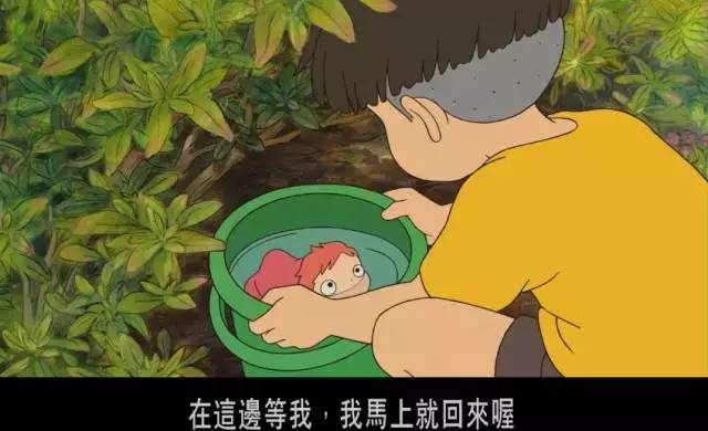 宗介超级喜欢波妞,他把波妞装在绿色的小桶里,带着她去幼稚园.