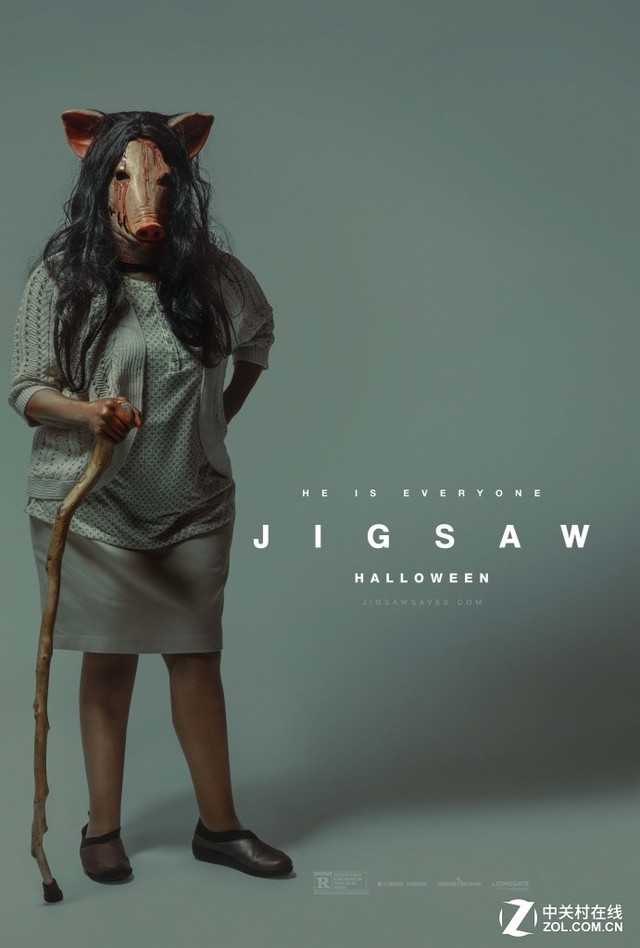 电锯惊魂8诡异海报妹子戴猪头面具