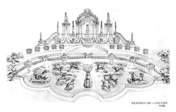 铜版画——大水法大水法,观水法景区位于海晏堂东,由大水法,观水法及