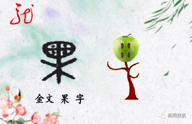 在甲骨文里,果字就像是小朋友的画,这里有一棵树,树上结了果实.