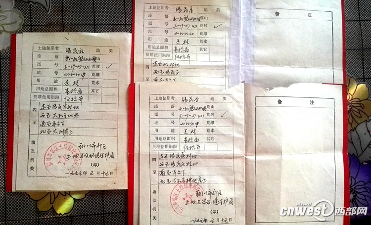 张家三兄弟提供《四荒土地使用证》内页.