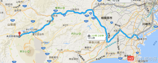 横滨距青木原树海车程约135公里。