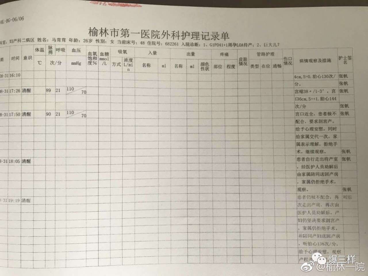2. 《护理记录单》记载产程中家属三次拒绝记录;1.