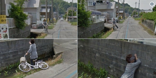 谷歌街景拍下日本大妈掉进水沟画面