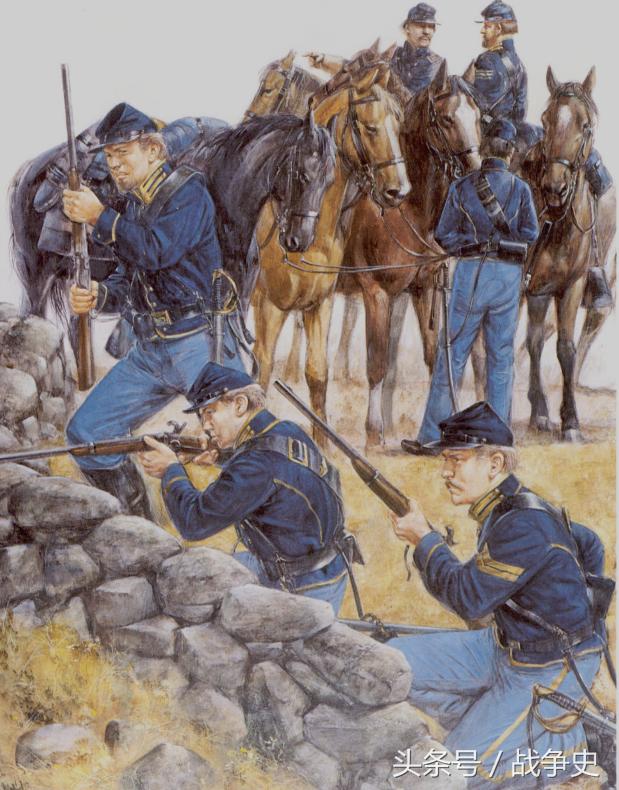(联邦军骑兵作战,值得注意的是南北战争时的骑兵已大多马上机动,马下