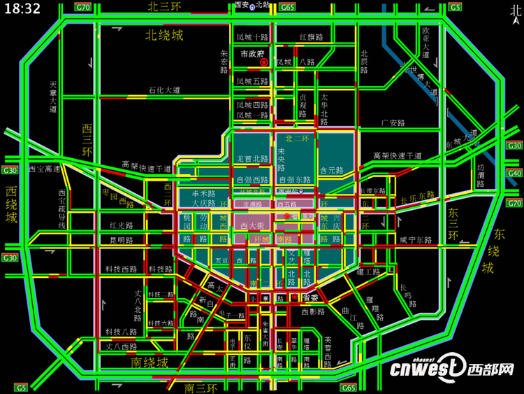 今日下午18:30分,西安城市道路拥堵状况.红色路段为严重拥堵路段.