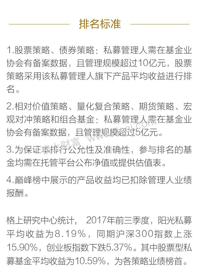 2017年前三季度中国阳光私募基金巅峰榜榜单
