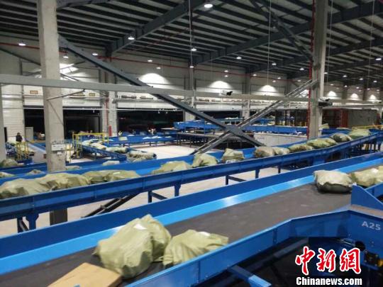 快递正通过机械化传送带进行分拣 义乌市邮管局提供