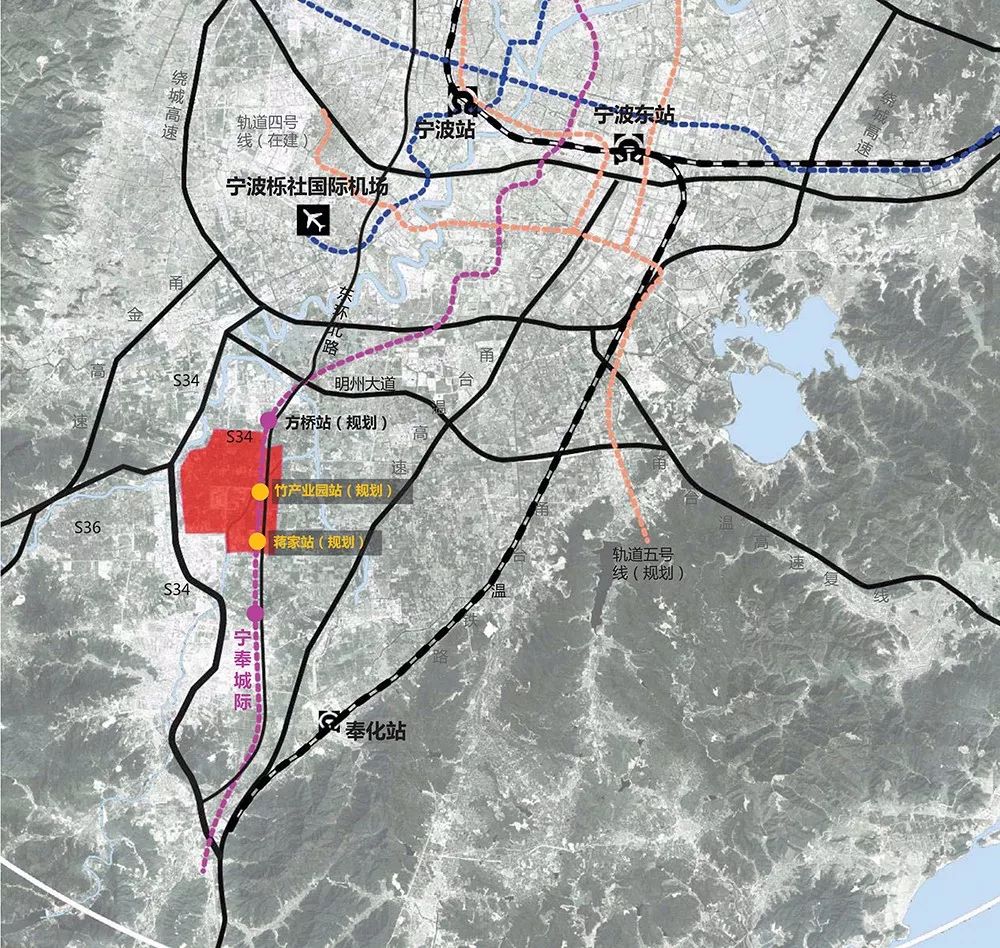 奉化城市转型示范区项目所在区域主要通过34省道,四明路及东环路与