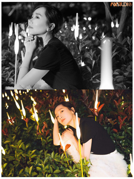 演员董晴微博曝夜景写真 黑色t恤搭配白色蛋糕裙少女心爆棚