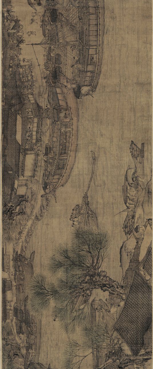 下为明代仇英本《清明上河图》,仇英本较之原作内容更复杂,长度也更长