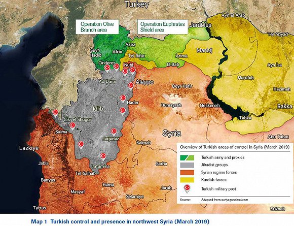 绿色为土耳其控制区，黄色为库尔德控制区，橙色为叙政府控制区。图片来源：荷兰国际问题研究所