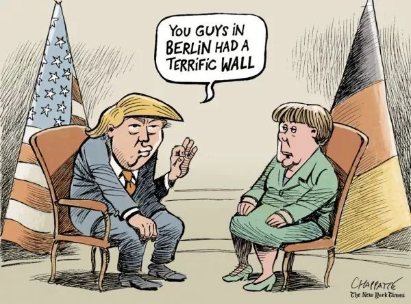 ▲[心系建墙]美国总统特朗普对德国总理默克尔说：“你们柏林曾有一道非常棒的墙。”默克尔闻言满脸无奈。（美国《纽约时报》网站）