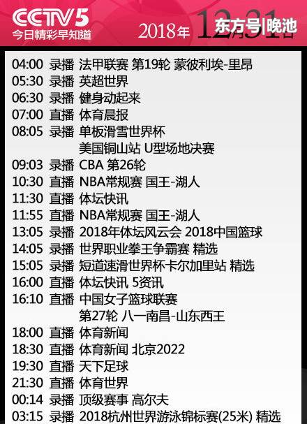 央视今日节目单 央5直播湖人vs国王+天下足球