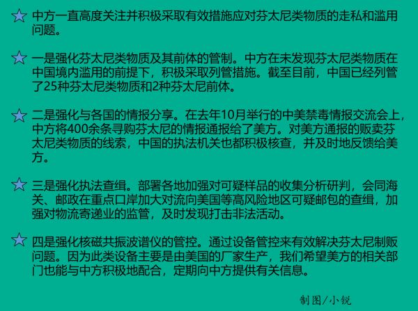  ▲11月27日，外交部发言人耿爽应询列举了中国对芬太尼类物质的走私和滥用问题所采取的措施。